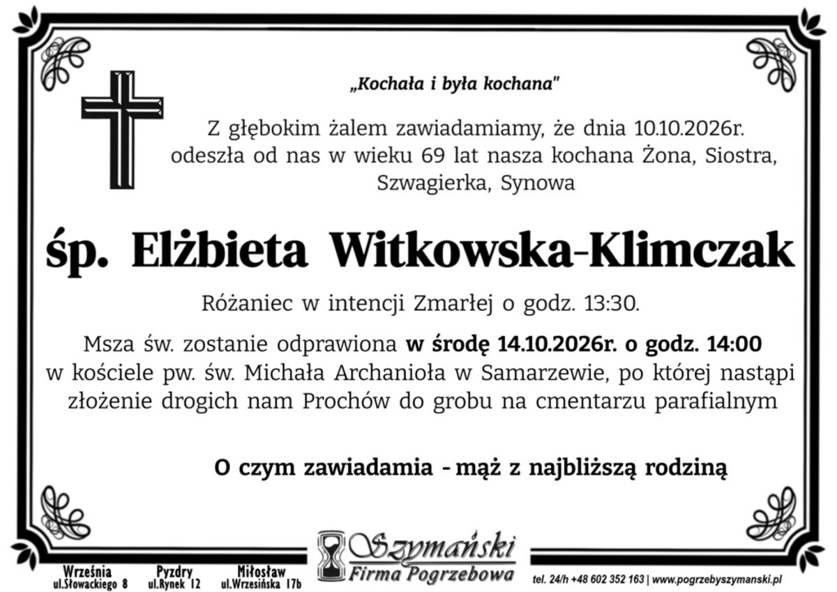 Nekrolog: śp. Elżbieta Witkowska-Klimczak, zm. 10 października 2026 r.