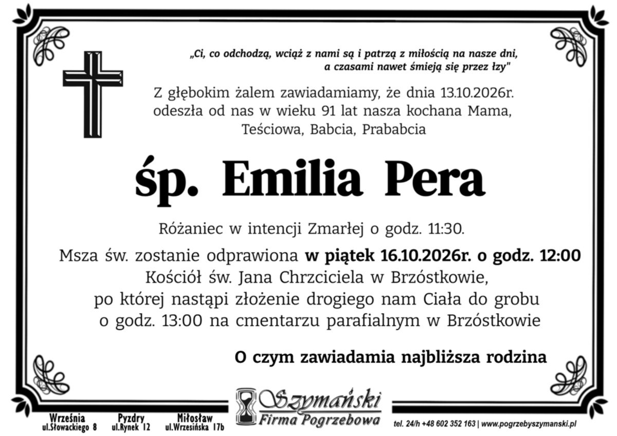 Nekrolog: śp. Emilia Pera, zm. 13 października 2026 r.