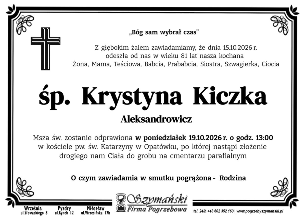 Nekrolog: śp. Krystyna Kiczka, zm. 15 października 2026 r.