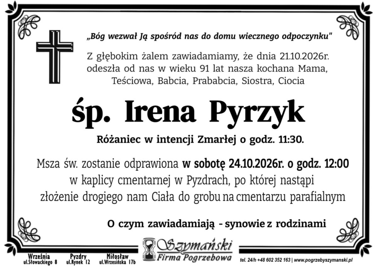 Nekrolog: śp. Irena Pyrzyk, zm. 21 października 2026 r.